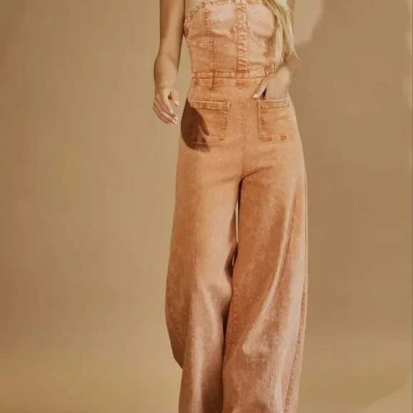 BOHO MINERAL WASH WIDELEG PLAYSUIT - Picture 2 of 4